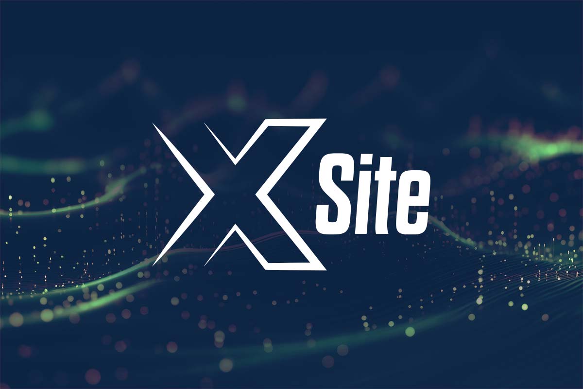 Logo del portale X Site su sfondo blu astratto